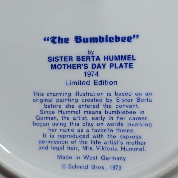 Schmid Hummel Mother's Day 1974 The Bumblebee Decorative Wall Hanging Plate - Picture 5 of 11